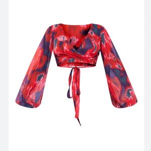 PrettyLittleThing Red and Blue Tie Front Crop Blouse